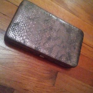 New metallic taupe/gray snakeskin clutch